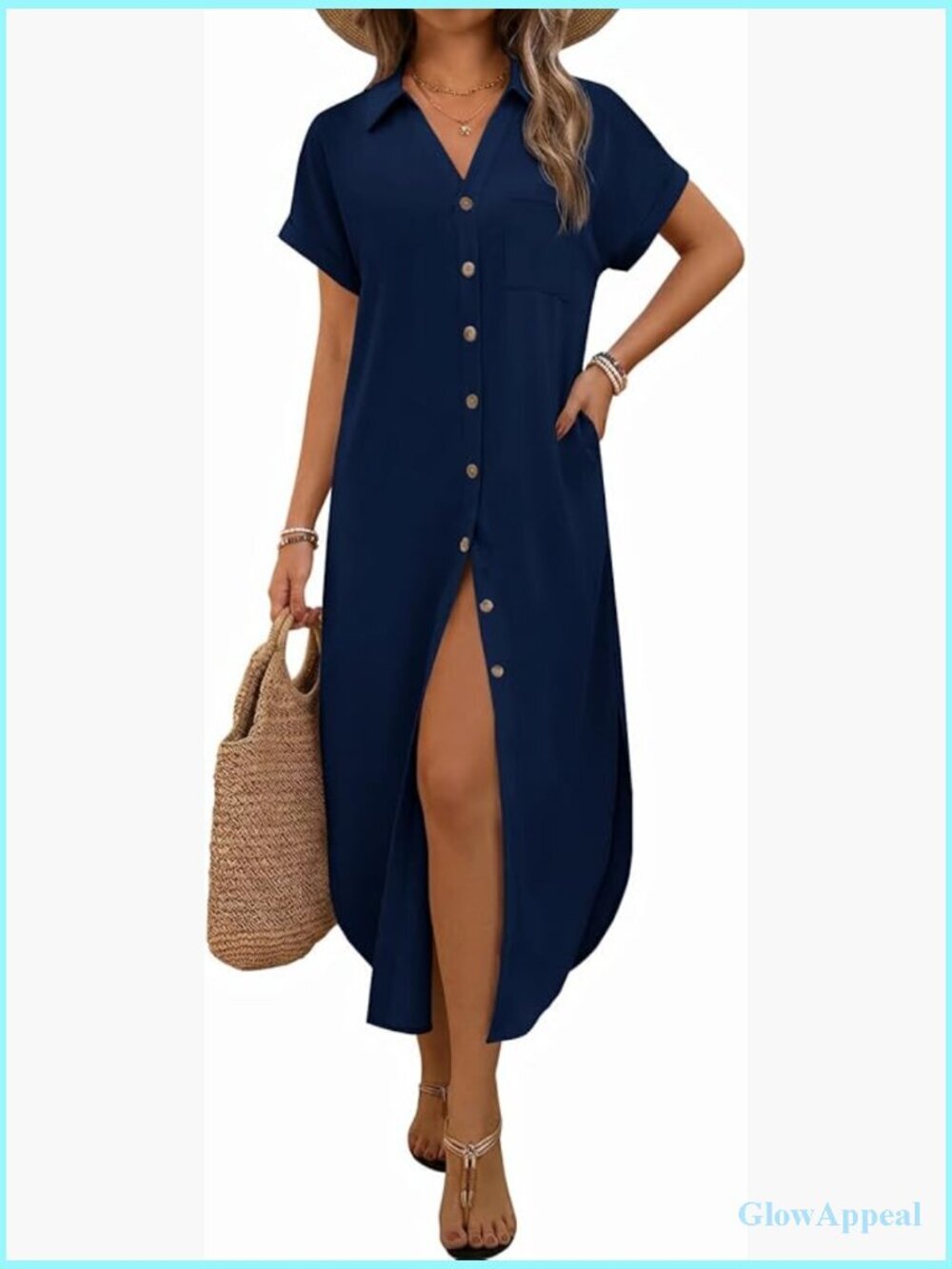 Casual Short Sleeve Button Down Maxi Dress Beach Cover Up with Pockets